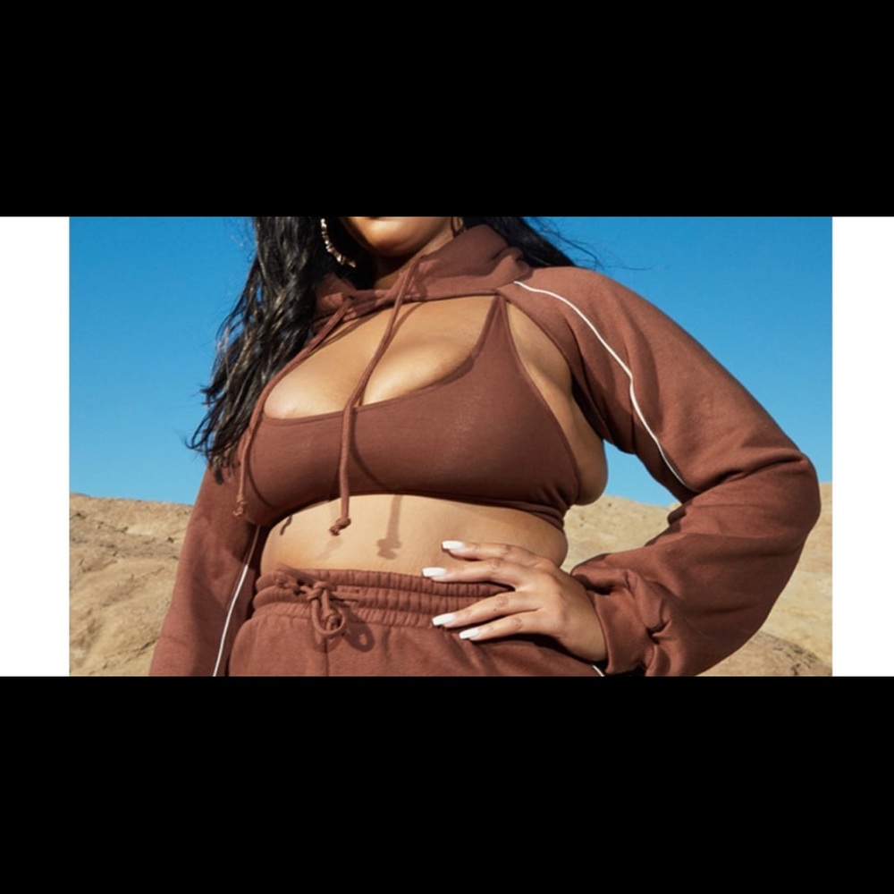 Plus Chocolate Sport Raw Edge Crop Hoodie & Sports Bra